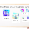 Purple and blue abstract art with motivational quotes magnets on board