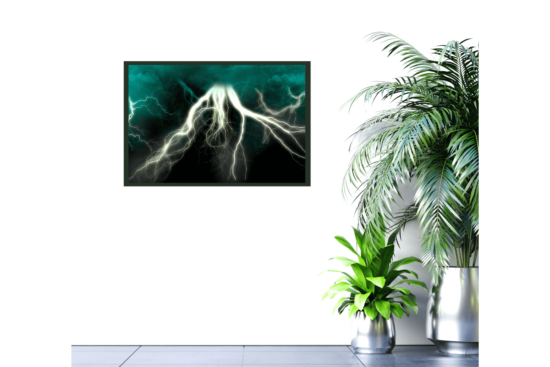 lightning with turquoise clouds in night sky picture hanging on wall
