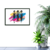 picture of three fashionable ladies with colorful background hanging on wall