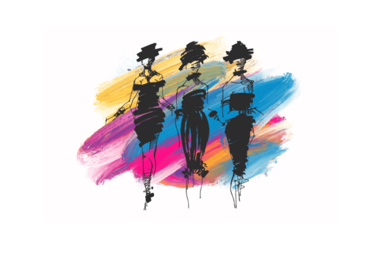3 fashionable ladies drawn in black ink, colorful paint-stroke background regular print
