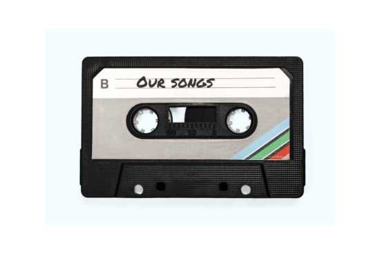 old cassette tape with "Our Songs" written on it, blue background, wall print