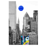 Black and white city view with blue moon and colorful graffiti regular print