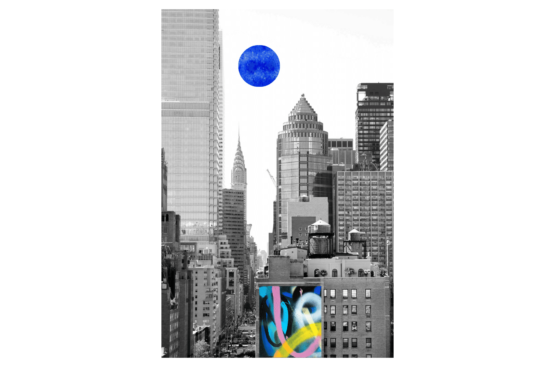 Black and white city view with blue moon and colorful graffiti regular print