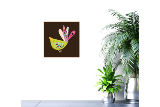 Green bird with pink tail, brown background, wall print hanging up