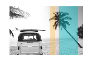 vintage VW van with surfboard at the beach, yellow and blue panels, wall print