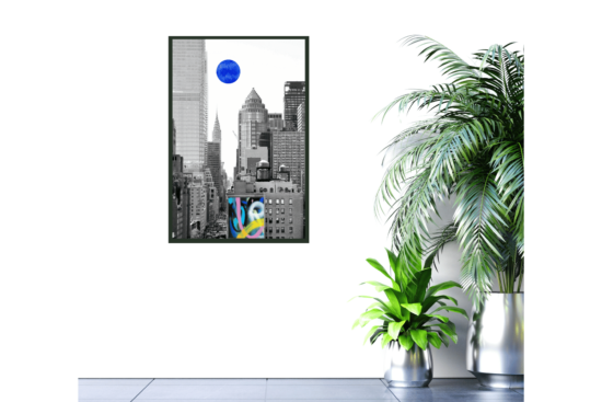 black and white photo with blue accents hanging on a wall