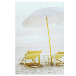 vintage beach scene yellow chairs and white umbrella regular print