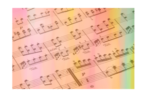 Sheet music with peach, pink, and green overlay wall print