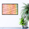 Sheet music with peach, pink, and green overlay print hanging on wall