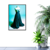 teal blue dress on mannequin with blue background print on wall