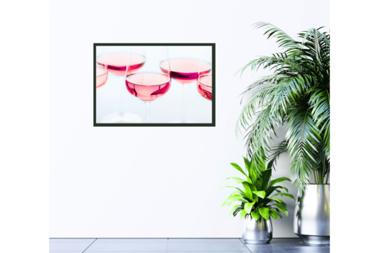 close up of various wines in glasses with white background print on wall
