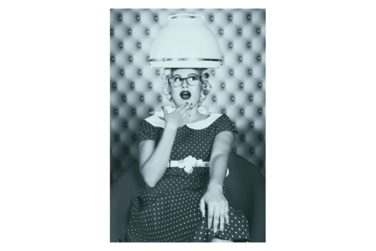 Vintage woman under hair dryer, black and white photo with blue overlay, wall print