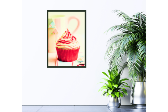 red, pink, and white cupcake with pink and white coffee mug wall print