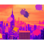 Neon Pink, Purple, and Orange with graffiti splatter New York City skyline wall print