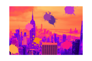 Neon Pink, Purple, and Orange with graffiti splatter New York City skyline wall print