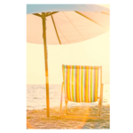 Vintage beach scene with white umbrella and striped chair wall print