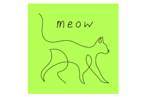 cat line drawing with meow text and lime green background wall print
