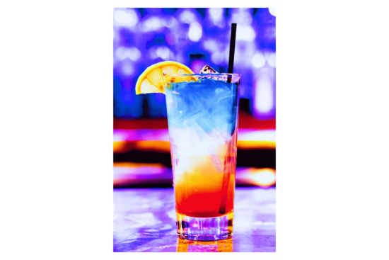 purple and orange cocktail with lemon wedge wall print