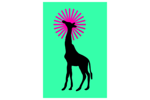 giraffe graphic with pink sun and green background wall print