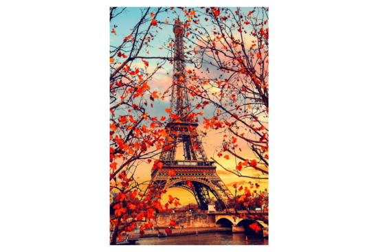 Eiffel Tower in the fall with blue and yellow sky and red leaves wall print