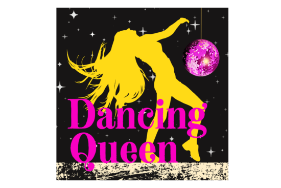 Dancing queen in pink and yellow print hanging on wall