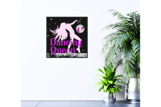 Dancing queen in purple and silver print hanging on wall