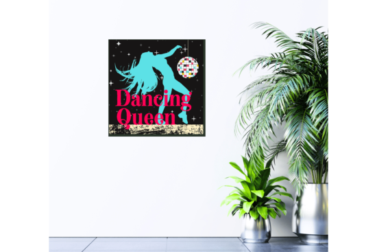 Dancing queen in red and blue print hanging on wall