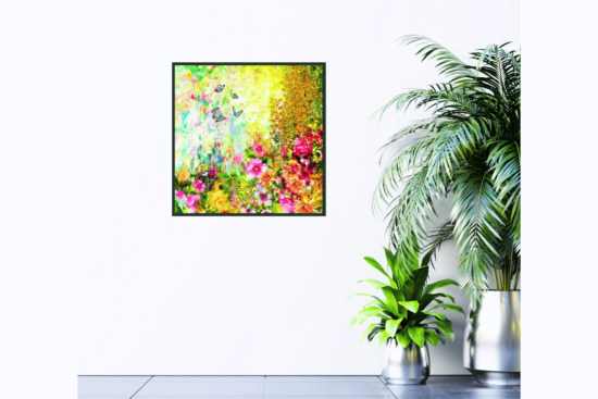 Pink, yellow, and green flowers with blue butterflies picture hanging on wall