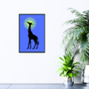 giraffe graphic with lime green sun and blue background picture hanging on wall