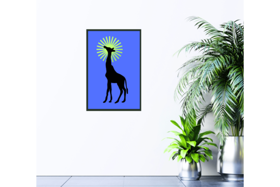 giraffe graphic with lime green sun and blue background picture hanging on wall