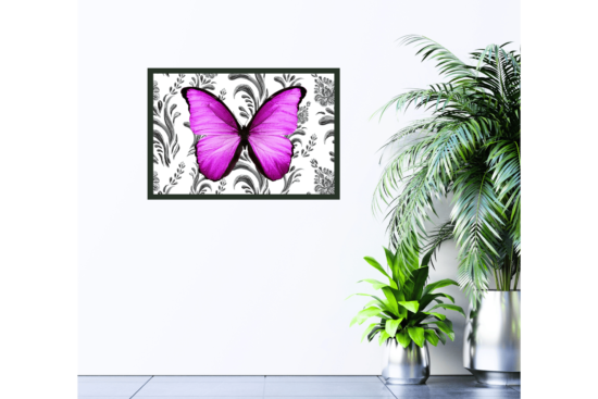 Purple butterfly with black and white background picture hanging on wall