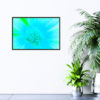 Neon light blue and lime green flower, up close, wall print