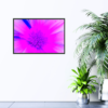 Neon pink and purple flower, up close, print hanging on wall