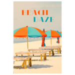 Beach Daze text with beach chairs and blue and orange umbrellas wall print