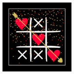 Tic Tac Toe with 3 red hearts and gold and red confetti with black background wall print
