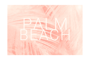 Palm Beach words in white with peach feathers background wall print