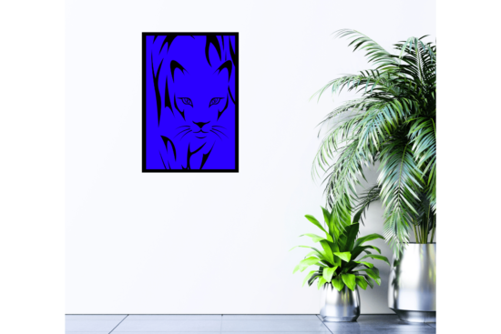 Stalking cat drawing with blue background print hanging on wall