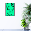 Stalking cat drawing with green background print hanging on wall