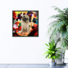 Pug dog with red, yellow, and blue abstract art background picture on wall