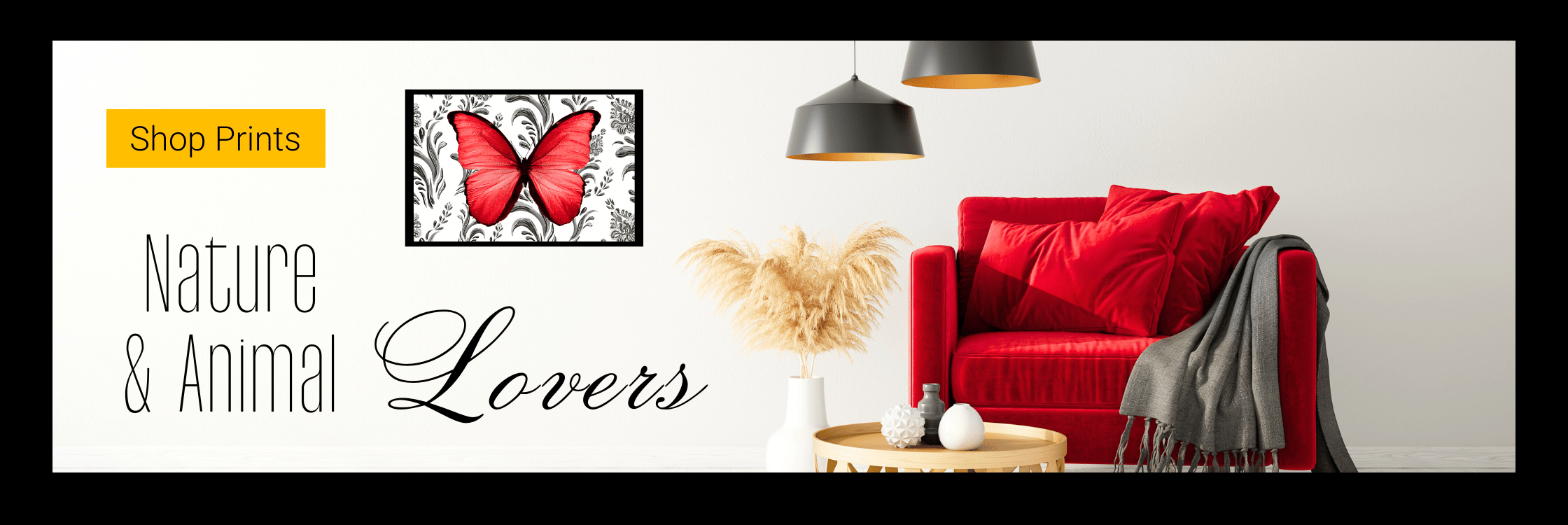 link to nature and animal prints, nature and animal lovers text with red butterfly print on wall