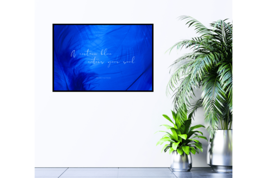 Henri Matisse quote with blue feather background print on wall