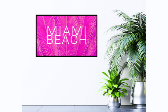 Miami Beach with hot pink palm tree background picture hanging on wall