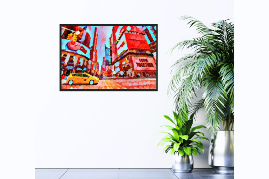 New York blue and orange abstract art picture hanging on wall