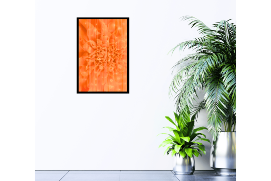 orange flower under thin curtain with yellow lights print hanging on wall