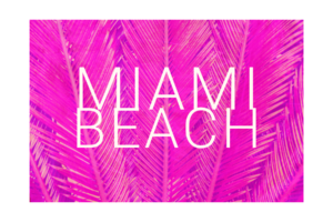 Miami Beach in white text with hot pink palm tree background wall print