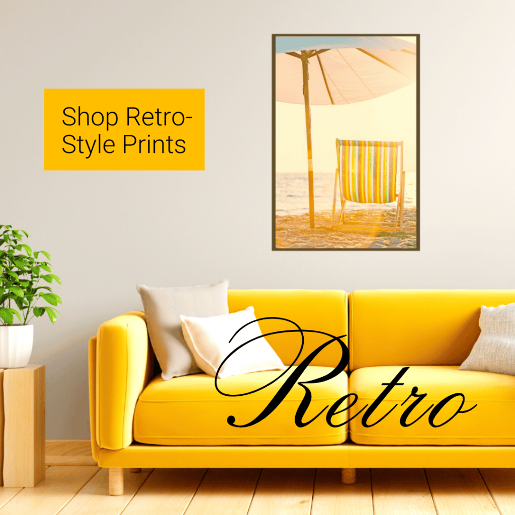 Link to retro-style prints, yellow sofa with vintage style beach picture on wall