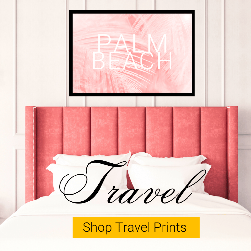 link to travel page, bed with pink Palm Beach print above it