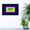 Drawling of leopard with lime green, dark purple, and dark blue rectangles around it picture hanging on wall