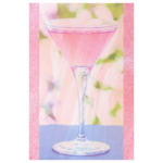 Pink cocktail with white lace overlay, blue and green background, wall print