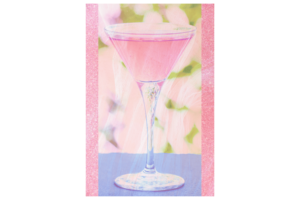 Pink cocktail with white lace overlay, blue and green background, wall print